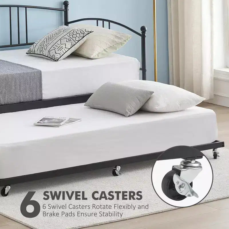 Twin Metal Daybed with Trundle,Twin Size Daybed Frame with Pullout Trundle 6 Casters,Steel Slat Support Guest Sofa Bed for Living,Bedroom,Apartment
