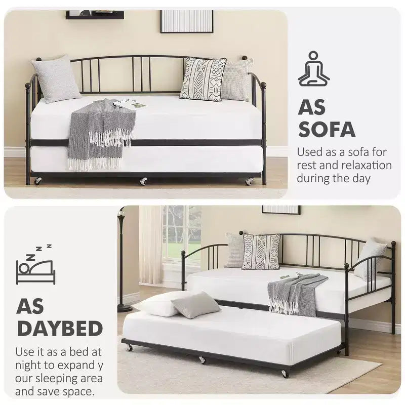 Twin Metal Daybed with Trundle,Twin Size Daybed Frame with Pullout Trundle 6 Casters,Steel Slat Support Guest Sofa Bed for Living,Bedroom,Apartment