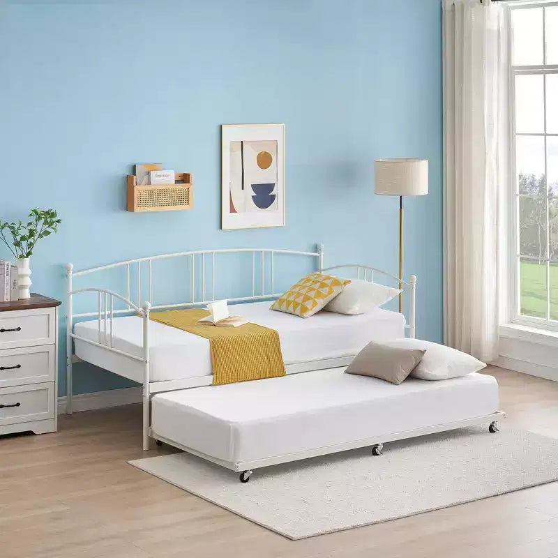 Twin Metal Daybed with Trundle,Twin Size Daybed Frame with Pullout Trundle 6 Casters,Steel Slat Support Guest Sofa Bed for Living,Bedroom,Apartment