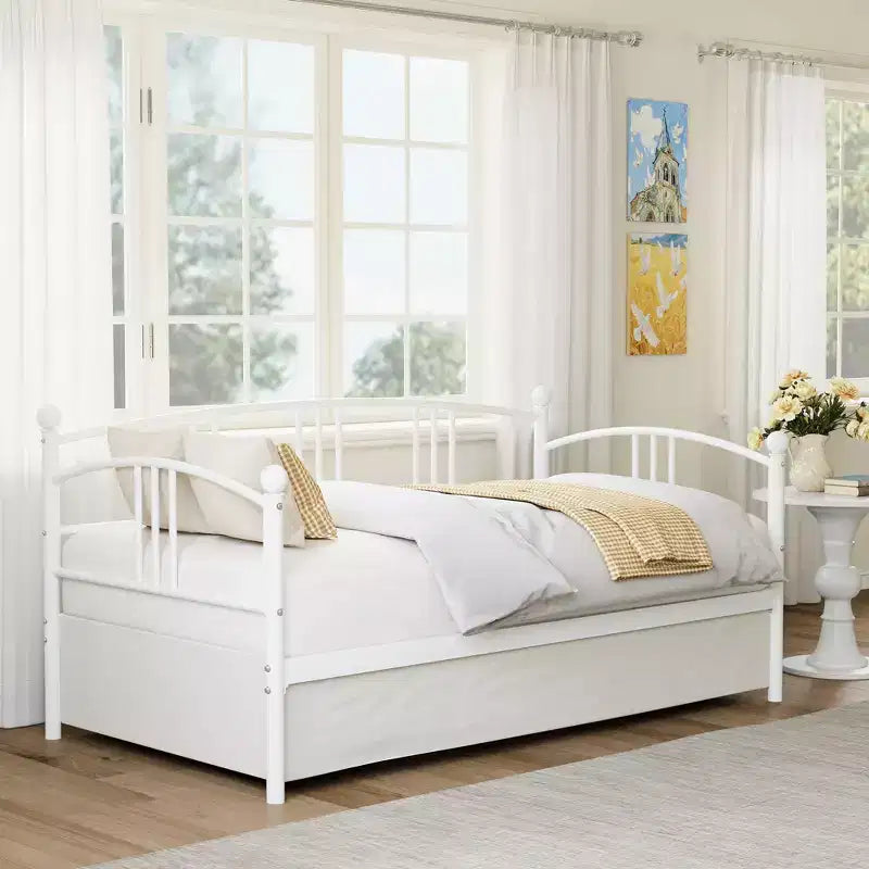 Twin Metal Daybed with Trundle,Twin Size Daybed Frame with Pullout Trundle 6 Casters,Steel Slat Support Guest Sofa Bed for Living,Bedroom,Apartment