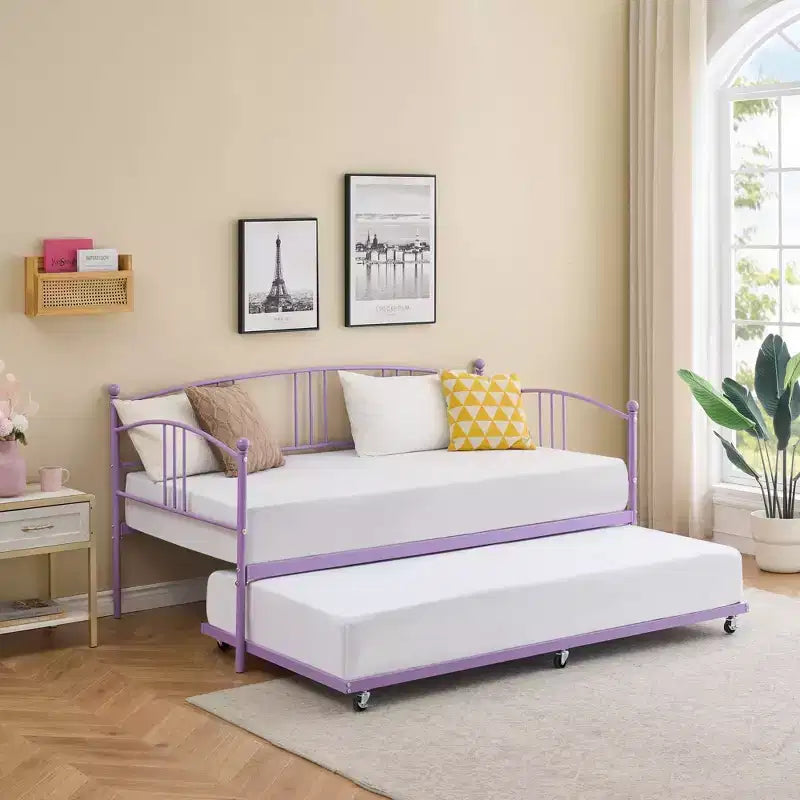 Twin Metal Daybed with Trundle,Twin Size Daybed Frame with Pullout Trundle 6 Casters,Steel Slat Support Guest Sofa Bed for Living,Bedroom,Apartment