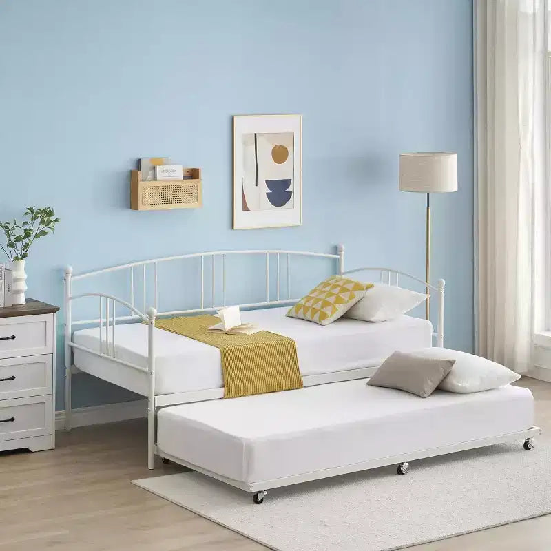 Twin Metal Daybed with Trundle,Twin Size Daybed Frame with Pullout Trundle 6 Casters,Steel Slat Support Guest Sofa Bed for Living,Bedroom,Apartment