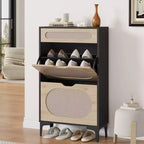 Rattan Shoe Cabinet with 2 Flip Drawers and 1 Pull-Out Drawer, Shoe Storage Cabinet, 3-Position Adjustable Shelf, Narrow Shoe Cabinet for Entryway