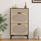 Rattan Shoe Cabinet with 2 Flip Drawers and 1 Pull-Out Drawer, Shoe Storage Cabinet, 3-Position Adjustable Shelf, Narrow Shoe Cabinet for Entryway