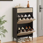 Rattan Shoe Cabinet with 2 Flip Drawers and 1 Pull-Out Drawer, Shoe Storage Cabinet, 3-Position Adjustable Shelf, Narrow Shoe Cabinet for Entryway