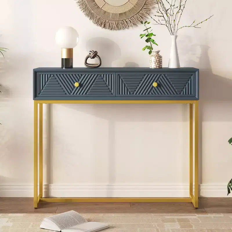 Okak Modern Entryway Table with Golden Legs, Narrow Console Table with 2 Drawers and Stripe Design, Accent Table for Living Room, Hallway