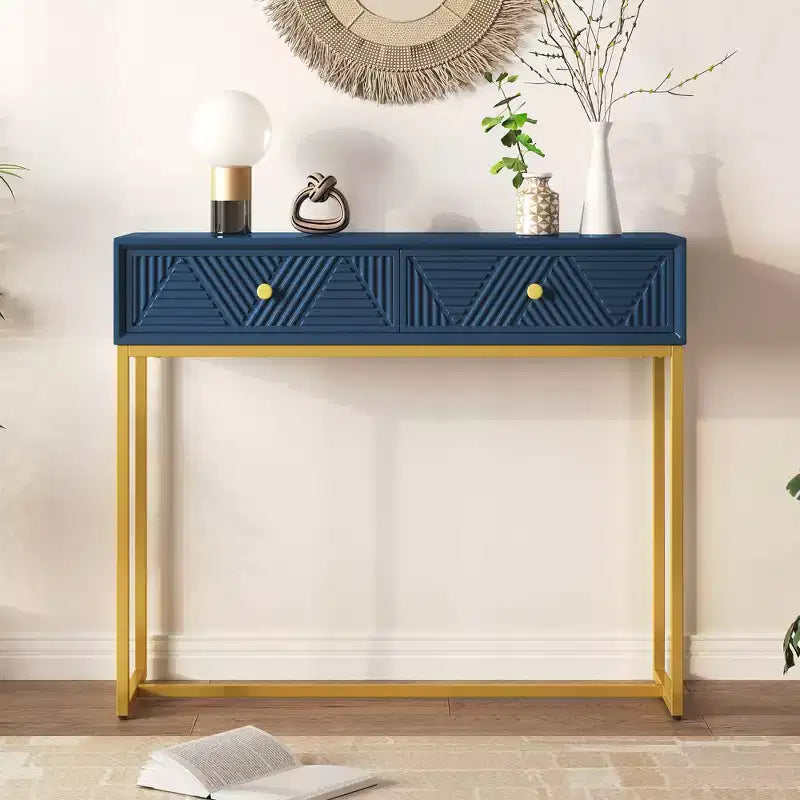 Okak Modern Entryway Table with Golden Legs, Narrow Console Table with 2 Drawers and Stripe Design, Accent Table for Living Room, Hallway