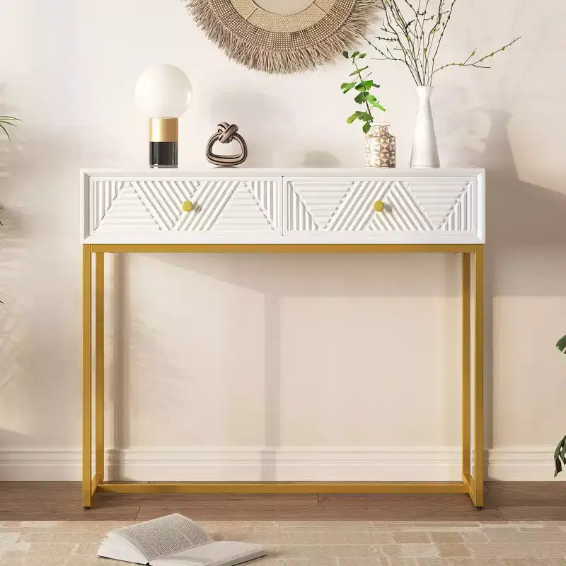 Okak Modern Entryway Table with Golden Legs, Narrow Console Table with 2 Drawers and Stripe Design, Accent Table for Living Room, Hallway