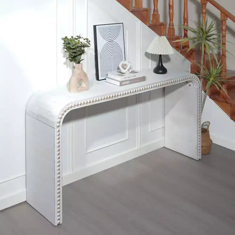 Okak 59IN Waterfall-Style Entryway Table with Wood Beads, Console Table with Minimalism Design, Accent Table for Hallway, Living Room, White