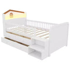Whisen Low Twin Loft Bed with LED Lights, House Shape Headboard & Storage Drawers, Solid Construction