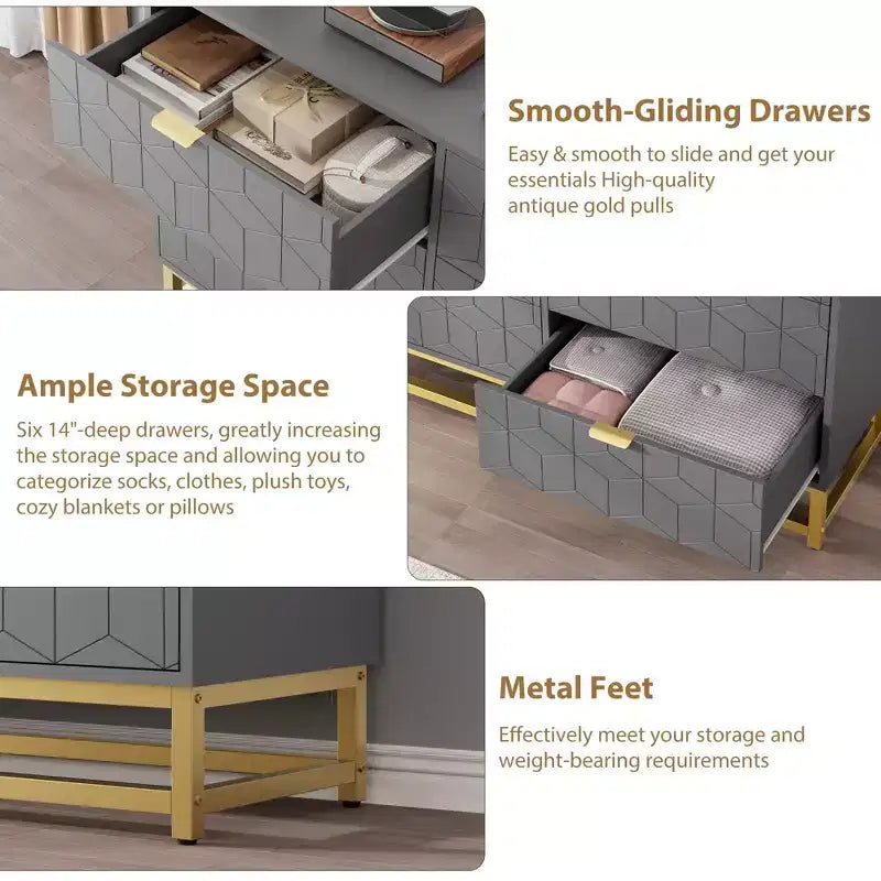6 Drawer Double Dresser,Modern Dresser for Bedroom with Gold Handles,Large Chest of Drawers forHallway,Entryway