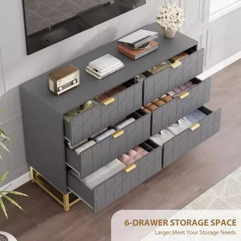 6 Drawer Double Dresser,Modern Dresser for Bedroom with Gold Handles,Large Chest of Drawers forHallway,Entryway