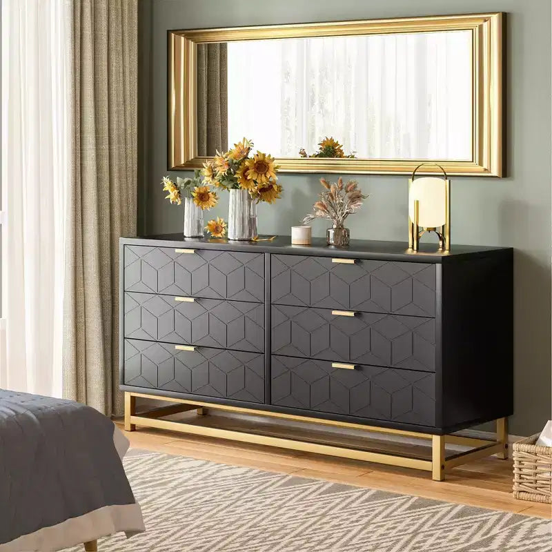 6 Drawer Double Dresser,Modern Dresser for Bedroom with Gold Handles,Large Chest of Drawers forHallway,Entryway