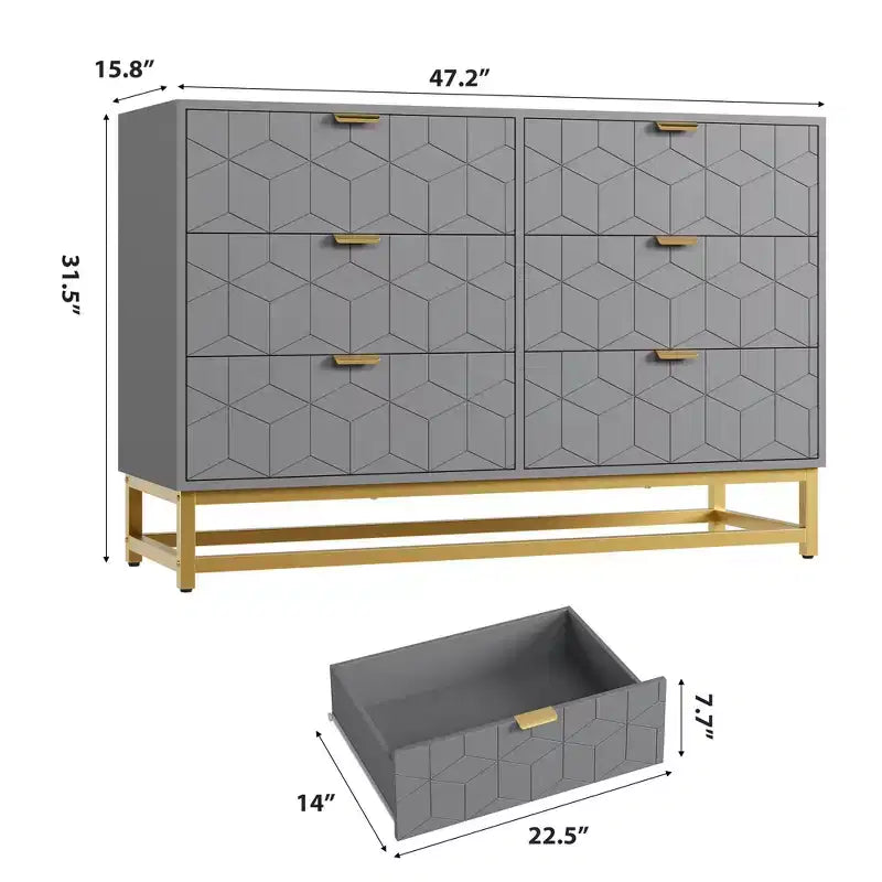 6 Drawer Double Dresser,Modern Dresser for Bedroom with Gold Handles,Large Chest of Drawers forHallway,Entryway