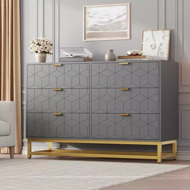 6 Drawer Double Dresser,Modern Dresser for Bedroom with Gold Handles,Large Chest of Drawers forHallway,Entryway