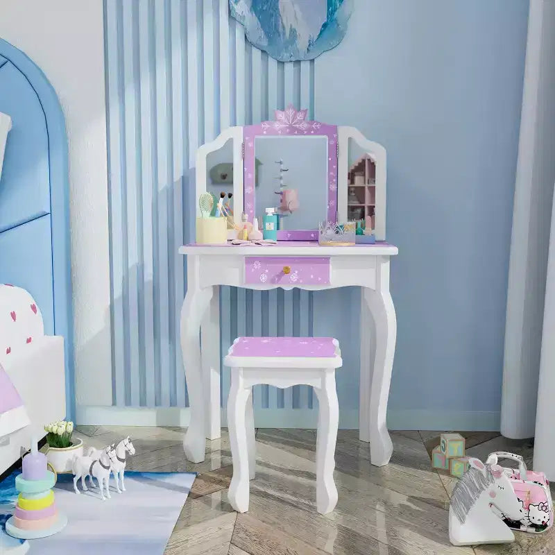 JOYMOR Kids Vanity Set, Wooden Princess Makeup Table with Stool, Tri-Folding Mirror, Large Drawer and Solid Wooden Legs, Purple