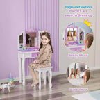 JOYMOR Kids Vanity Set, Wooden Princess Makeup Table with Stool, Tri-Folding Mirror, Large Drawer and Solid Wooden Legs, Purple