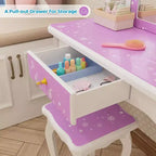 JOYMOR Kids Vanity Set, Wooden Princess Makeup Table with Stool, Tri-Folding Mirror, Large Drawer and Solid Wooden Legs, Purple