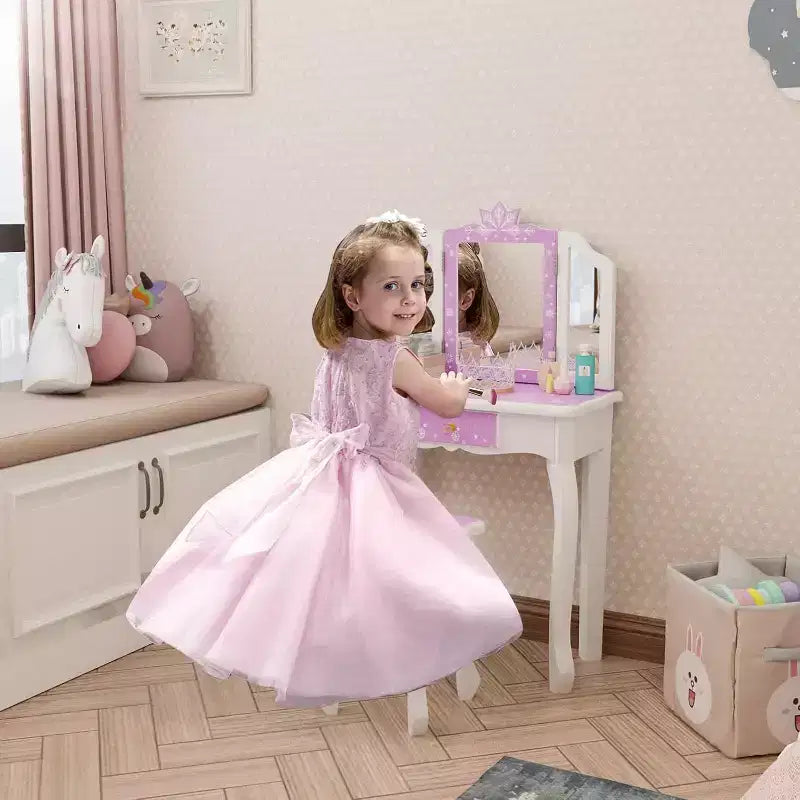 JOYMOR Kids Vanity Set, Wooden Princess Makeup Table with Stool, Tri-Folding Mirror, Large Drawer and Solid Wooden Legs, Purple