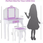 JOYMOR Kids Vanity Set, Wooden Princess Makeup Table with Stool, Tri-Folding Mirror, Large Drawer and Solid Wooden Legs, Purple