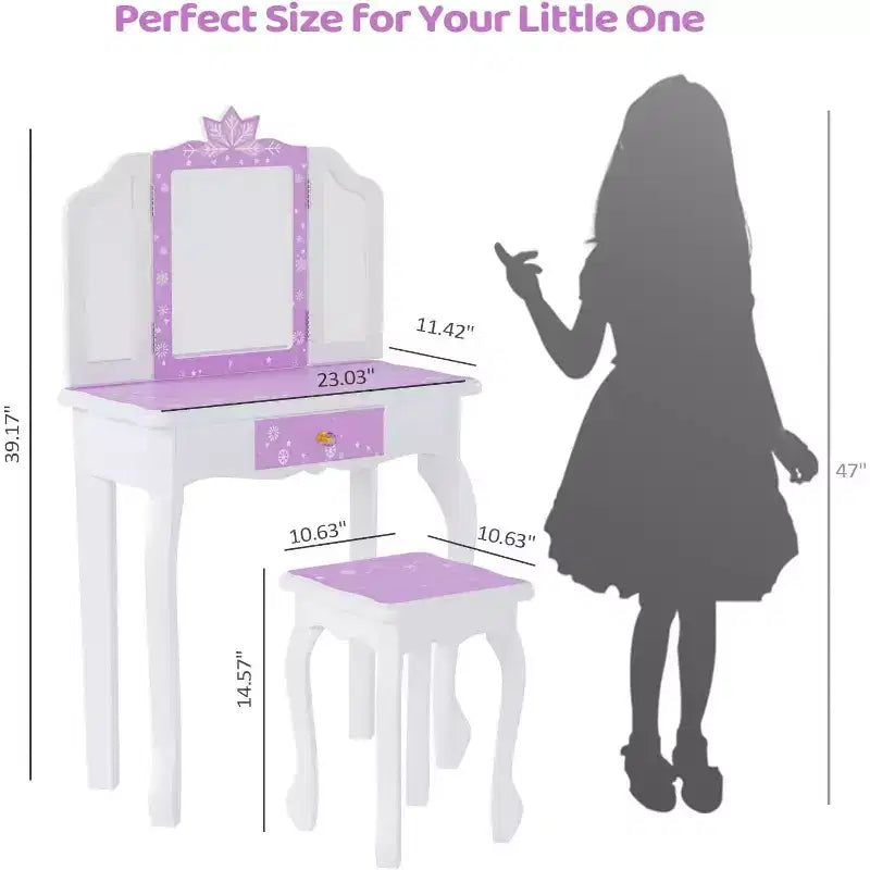 JOYMOR Kids Vanity Set, Wooden Princess Makeup Table with Stool, Tri-Folding Mirror, Large Drawer and Solid Wooden Legs, Purple