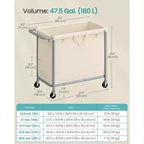 Rolling Laundry Hamper with Removable Liner, 47.5 Gallon Wheeled Basket with Brakes and Steel Frame, Cream White