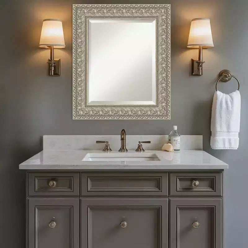 Amanti Art Sydney Silver Beveled Framed Bathroom Vanity Wall Mirror