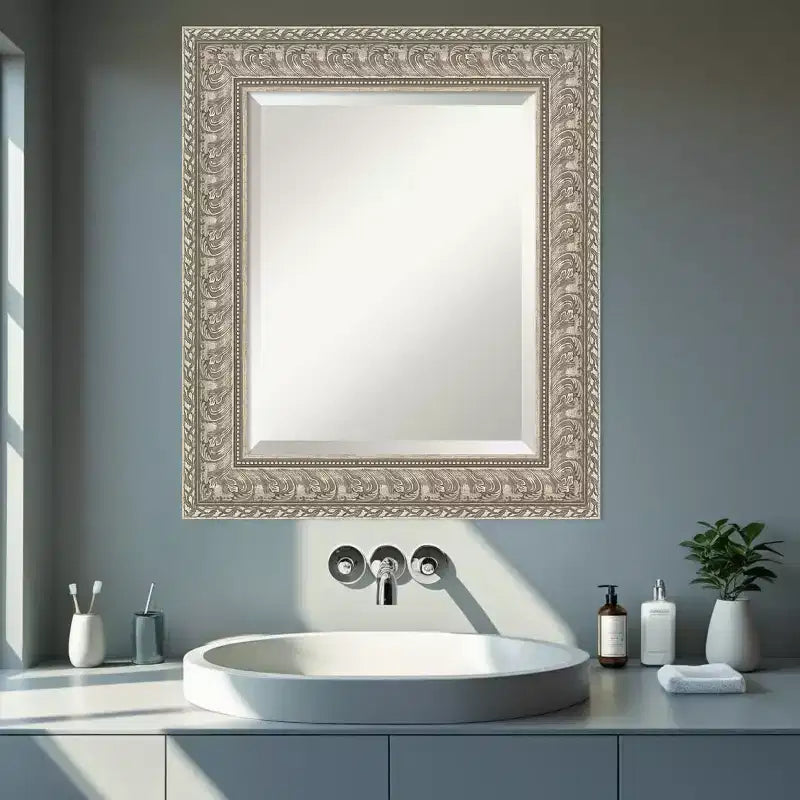 Amanti Art Sydney Silver Beveled Framed Bathroom Vanity Wall Mirror