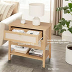 Rattan nightstand, modern style bedside table with 2 drawers, with open storage shelf, suitable for bedroom living room, cherry wood, 2 sets