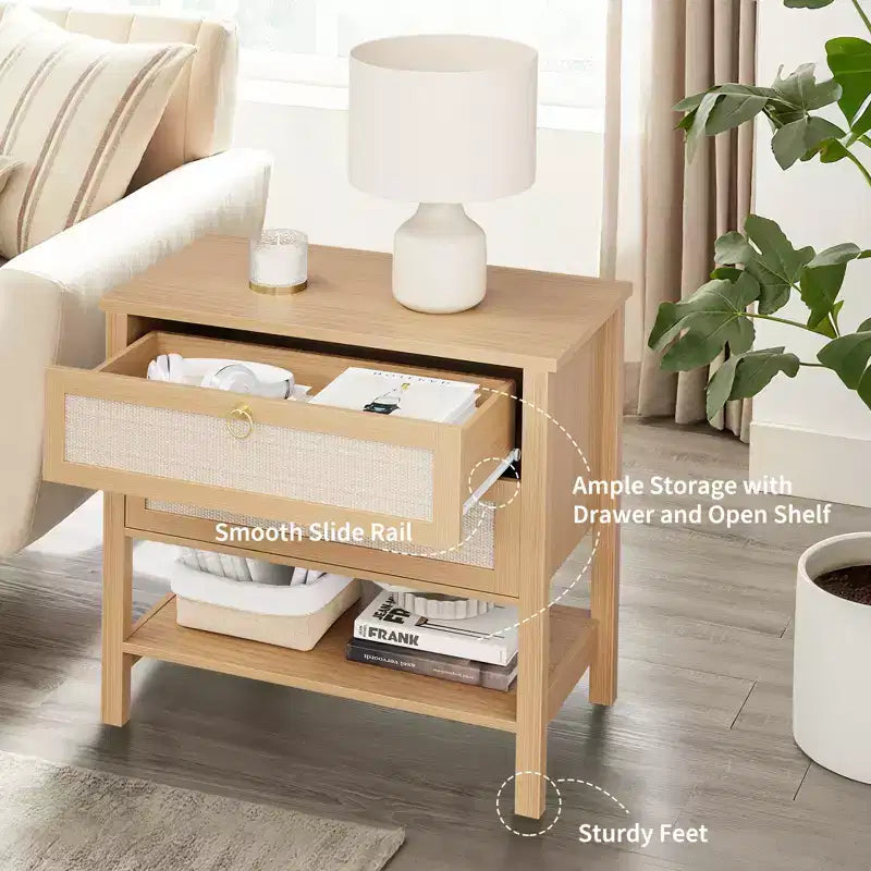 Rattan nightstand, modern style bedside table with 2 drawers, with open storage shelf, suitable for bedroom living room, cherry wood, 2 sets