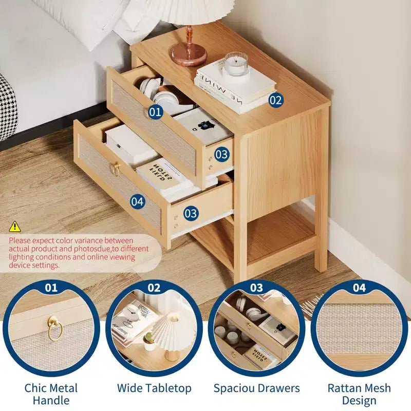 Rattan nightstand, modern style bedside table with 2 drawers, with open storage shelf, suitable for bedroom living room, cherry wood, 2 sets