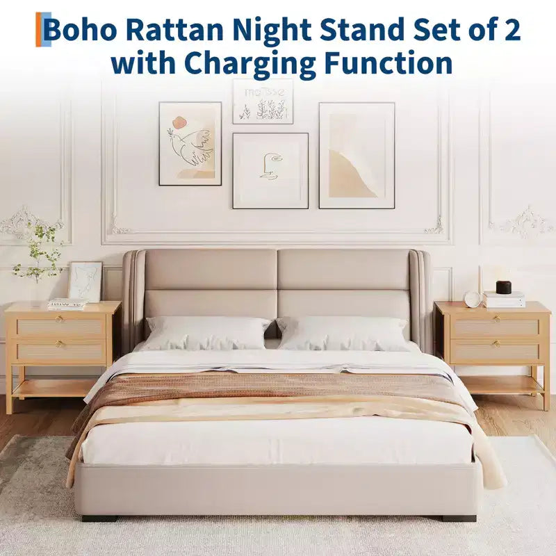 Rattan nightstand, modern style bedside table with 2 drawers, with open storage shelf, suitable for bedroom living room, cherry wood, 2 sets
