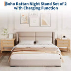 Rattan nightstand, modern style bedside table with 2 drawers, with open storage shelf, suitable for bedroom living room, cherry wood, 2 sets