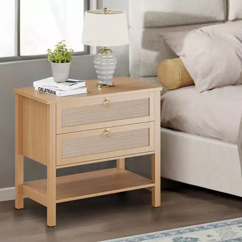 Rattan nightstand, modern style bedside table with 2 drawers, with open storage shelf, suitable for bedroom living room, cherry wood, 2 sets