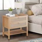 Rattan nightstand, modern style bedside table with 2 drawers, with open storage shelf, suitable for bedroom living room, cherry wood, 2 sets