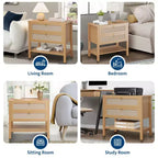 Rattan nightstand, modern style bedside table with 2 drawers, with open storage shelf, suitable for bedroom living room, cherry wood, 2 sets
