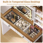 COZONY Corner Makeup Vanity, LED Mirror, Glass Top, Outlets & USB, 1 Door, 4 Drawers, 7 Shelves