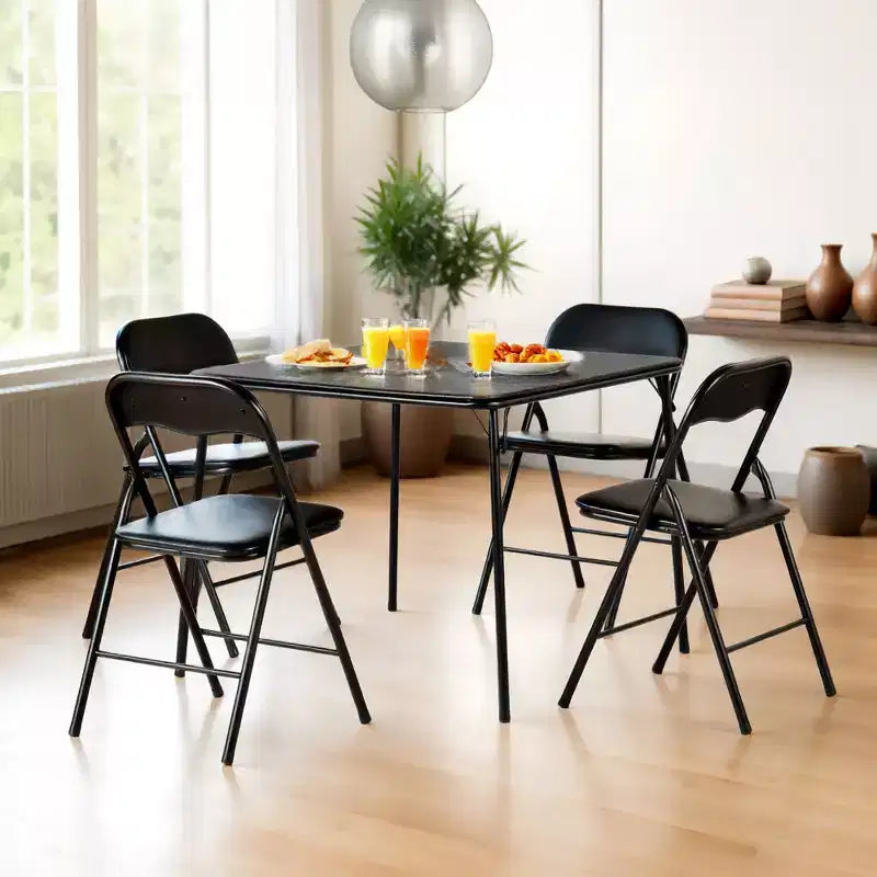 FurnitureR 5-Piece Folding Table and Chair Set  Portable Square Table with 4 Padded Chairs, Space-Saving Dining or Card Game Set for Home, Black