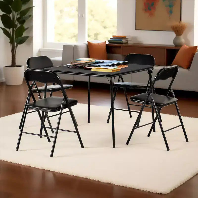 FurnitureR 5-Piece Folding Table and Chair Set  Portable Square Table with 4 Padded Chairs, Space-Saving Dining or Card Game Set for Home, Black