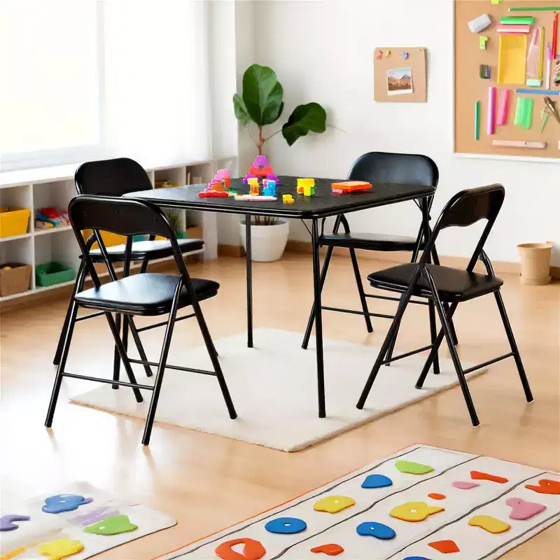 FurnitureR 5-Piece Folding Table and Chair Set  Portable Square Table with 4 Padded Chairs, Space-Saving Dining or Card Game Set for Home, Black
