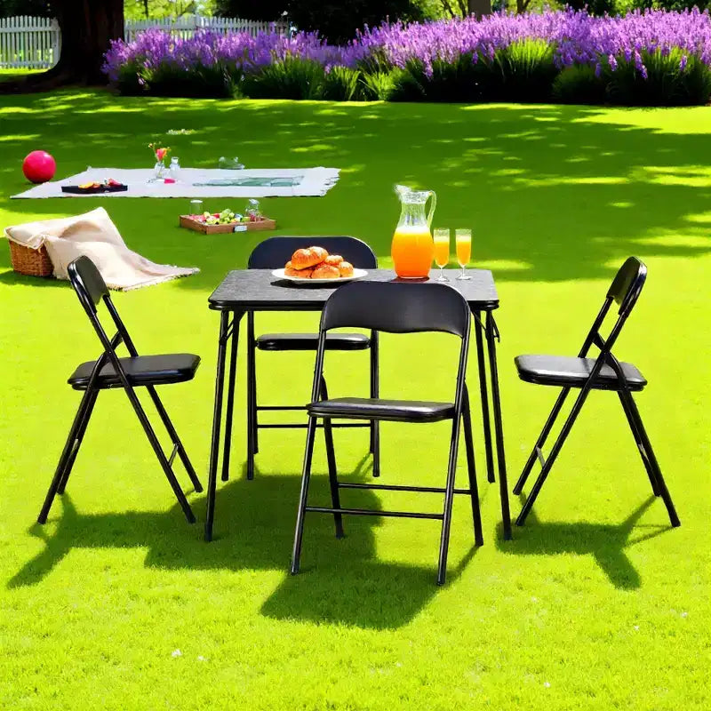 FurnitureR 5-Piece Folding Table and Chair Set  Portable Square Table with 4 Padded Chairs, Space-Saving Dining or Card Game Set for Home, Black