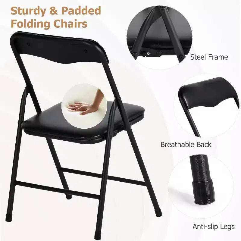 FurnitureR 5-Piece Folding Table and Chair Set  Portable Square Table with 4 Padded Chairs, Space-Saving Dining or Card Game Set for Home, Black