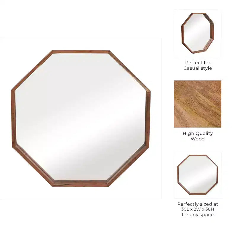 Modern Wood Frame Mirror Wall Dcor - Octagonal 30 - Home, Office, Bedroom, or Living Room Dcor