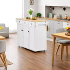 FurnitureR Mobile Kitchen Island Cart with Folding Drop Leaf, 45.3 Wide Kitchen Storage Cabinet on Wheels, Rolling Space-Saving Prep Table, White