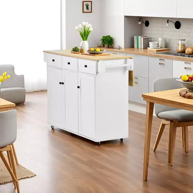 FurnitureR Mobile Kitchen Island Cart with Folding Drop Leaf, 45.3 Wide Kitchen Storage Cabinet on Wheels, Rolling Space-Saving Prep Table, White