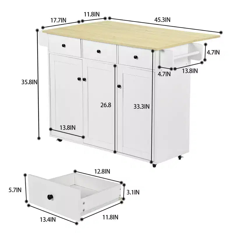 FurnitureR Mobile Kitchen Island Cart with Folding Drop Leaf, 45.3 Wide Kitchen Storage Cabinet on Wheels, Rolling Space-Saving Prep Table, White