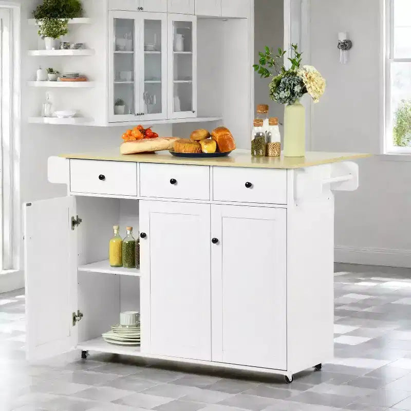 FurnitureR Mobile Kitchen Island Cart with Folding Drop Leaf, 45.3 Wide Kitchen Storage Cabinet on Wheels, Rolling Space-Saving Prep Table, White