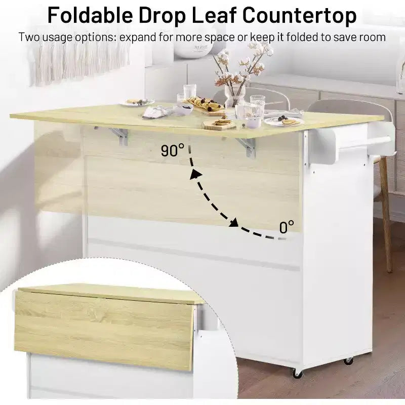 FurnitureR Mobile Kitchen Island Cart with Folding Drop Leaf, 45.3 Wide Kitchen Storage Cabinet on Wheels, Rolling Space-Saving Prep Table, White