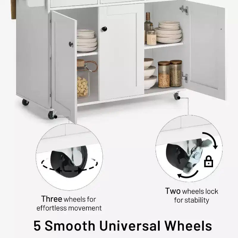 FurnitureR Mobile Kitchen Island Cart with Folding Drop Leaf, 45.3 Wide Kitchen Storage Cabinet on Wheels, Rolling Space-Saving Prep Table, White