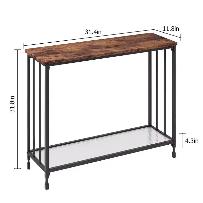Console Table  2-Tier Industrial Entryway Table with Glass Shelf (Rustic Brown, for Living Room/Hallway/Bedroom)